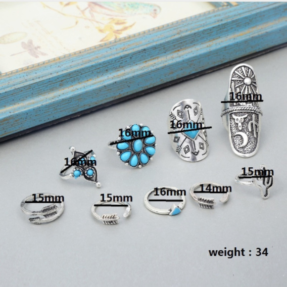 🍒 BOHO Silver Turquoise  Rings 🌵 Set of 9 - Picture 6 of 8
